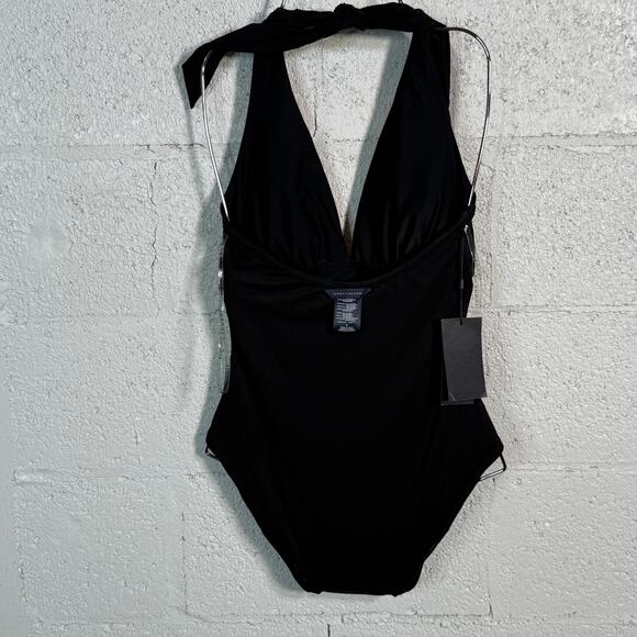 Tommy Hilfiger Womens Ruched Side Halter One Piece Swimsuit, Black 6 - Picture 8 of 9